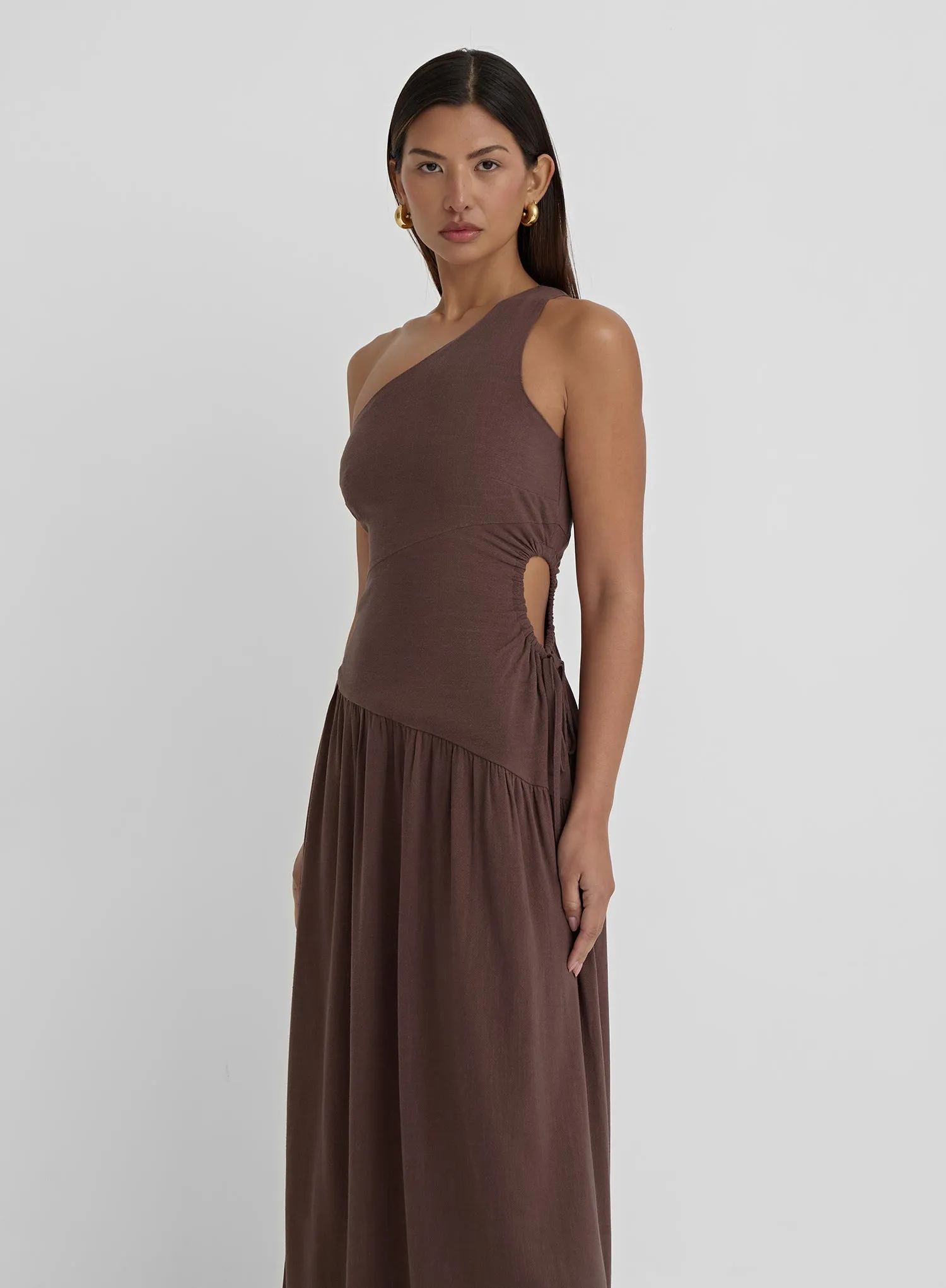 Brown Linen One Shoulder Cut Out Detail Dress- Clara