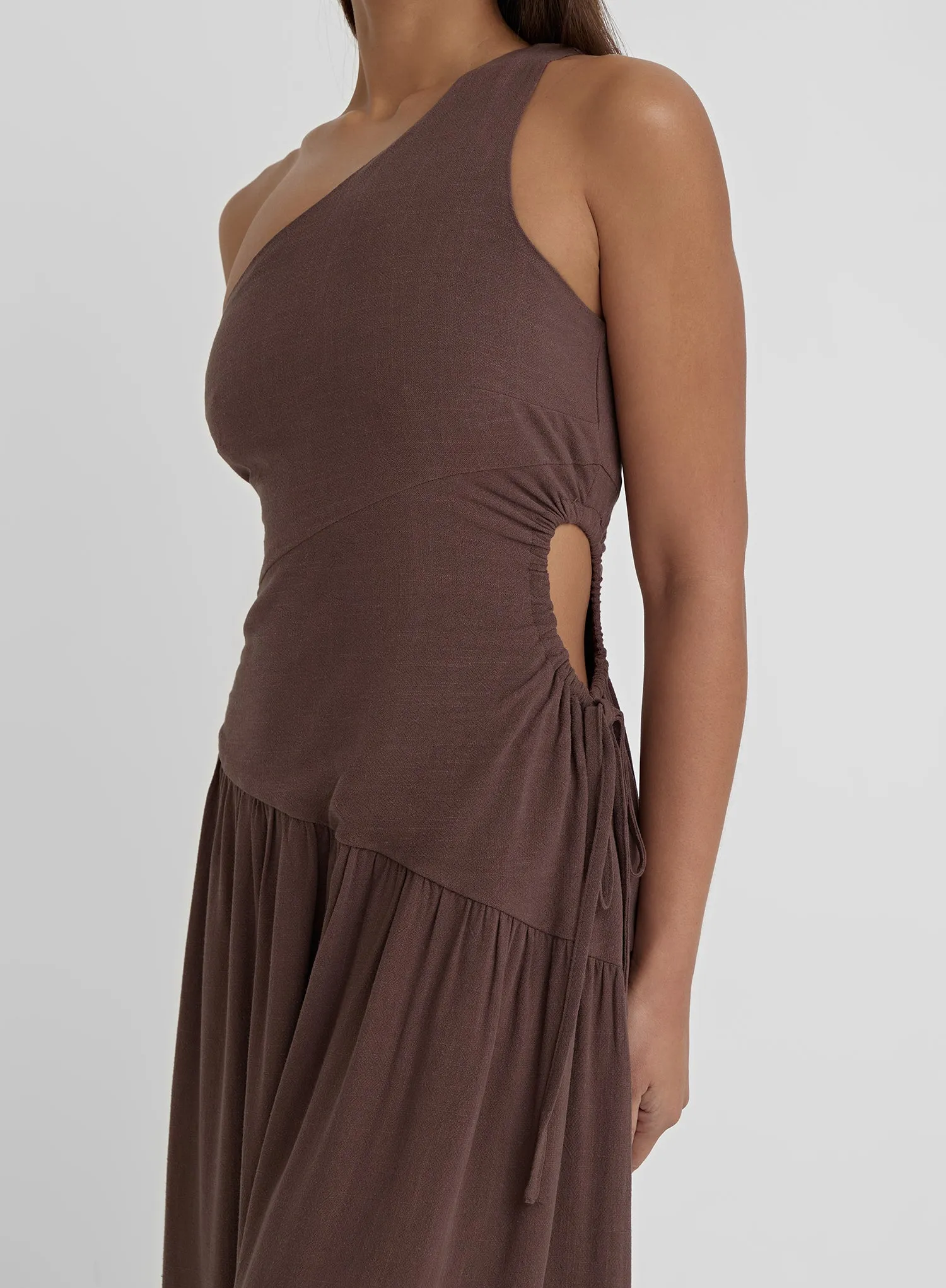 Brown Linen One Shoulder Cut Out Detail Dress- Clara