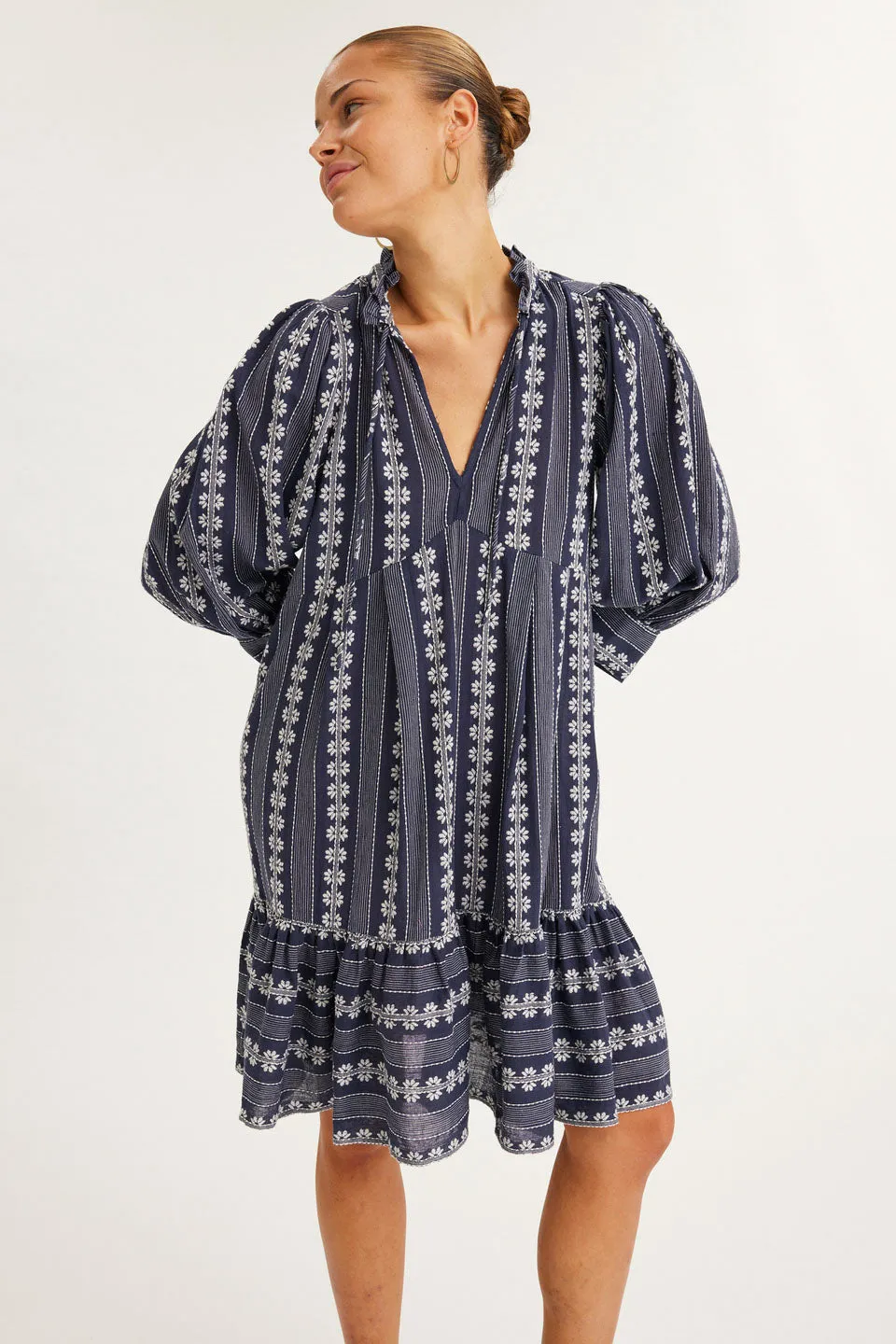 Caia Patriot Blue Embroidered LS Mini Dress