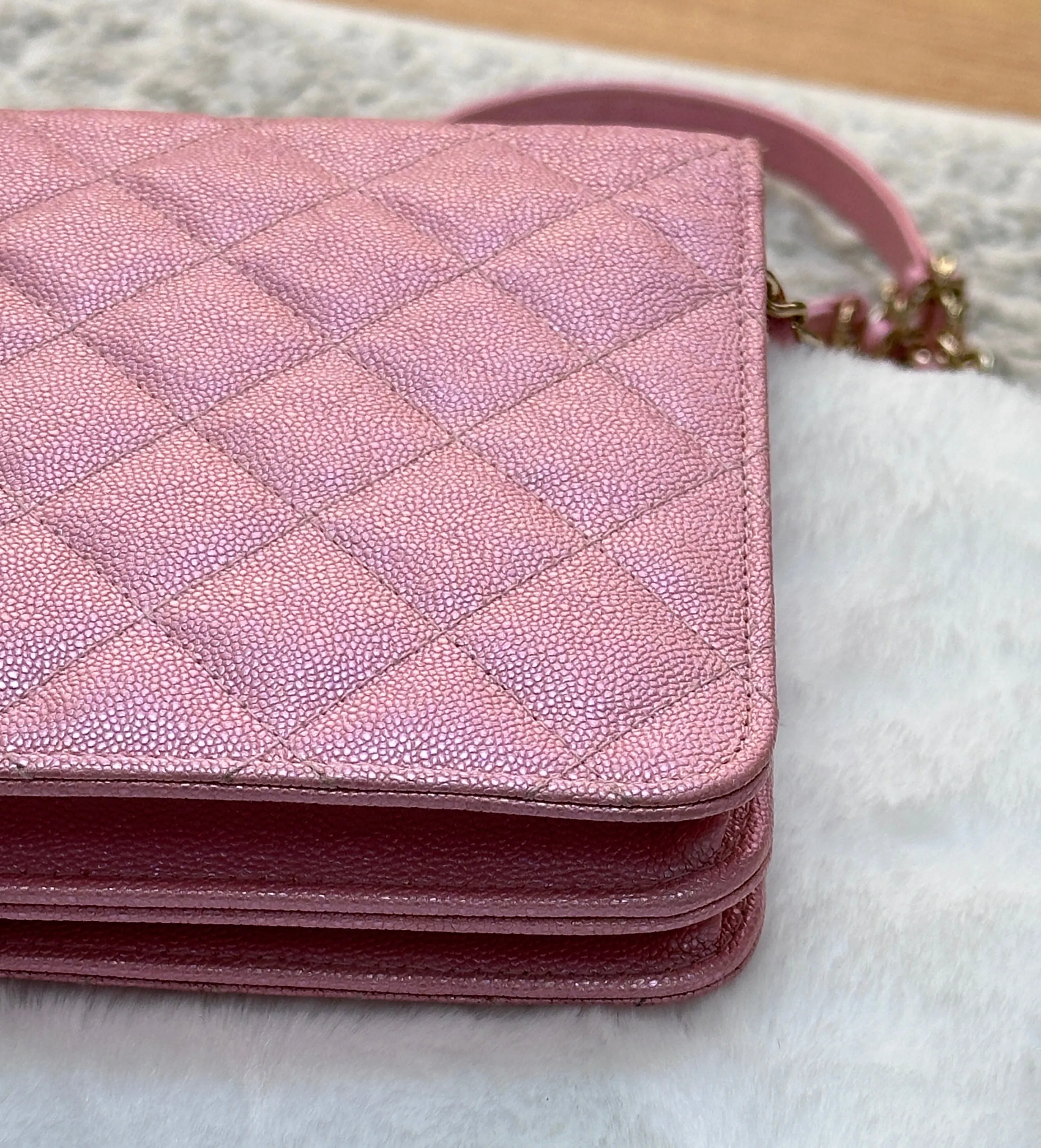 Chanel Square Wallet on Chain WOC Iridescent Pink Caviar Light Gold Hardware