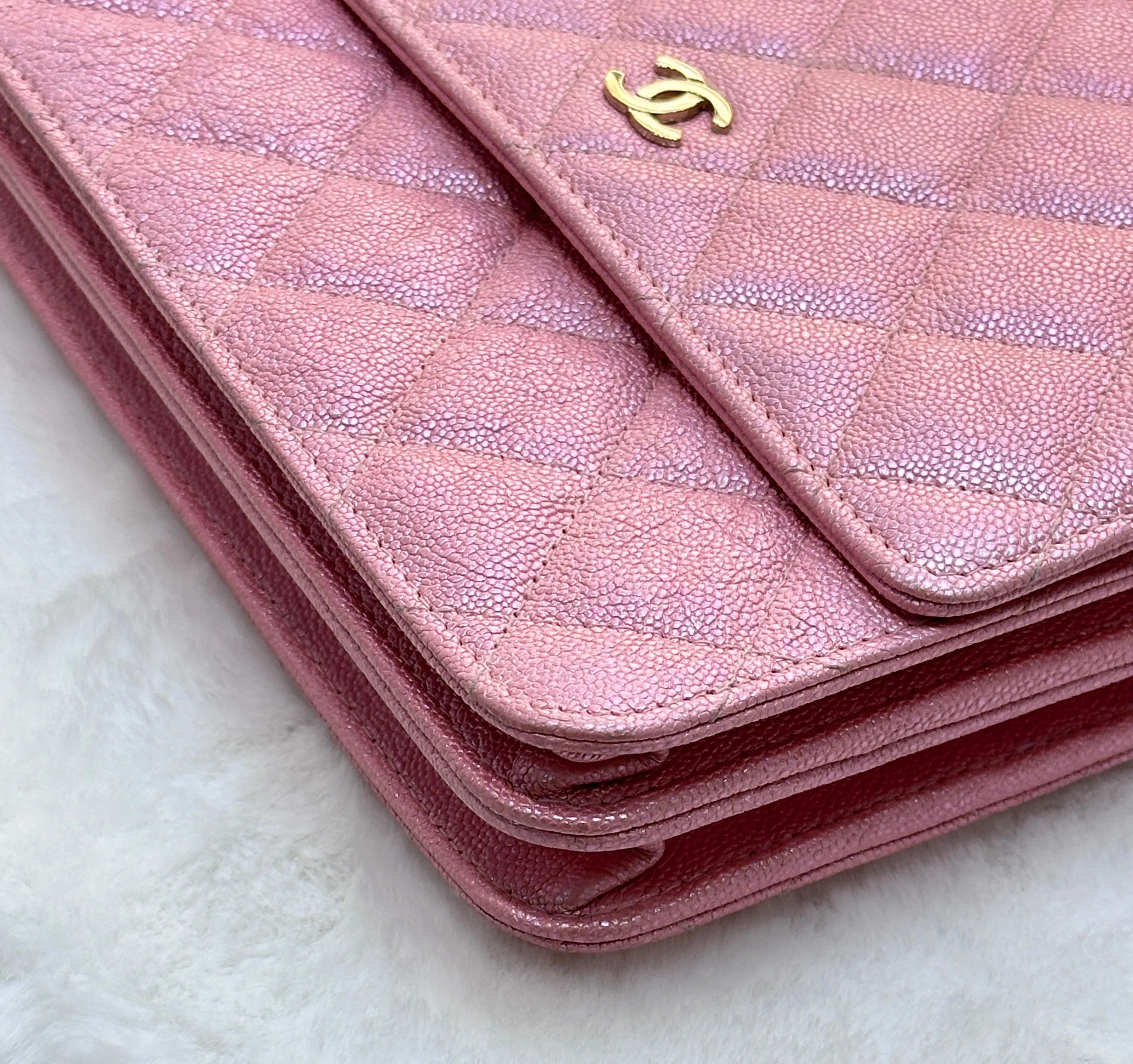 Chanel Square Wallet on Chain WOC Iridescent Pink Caviar Light Gold Hardware