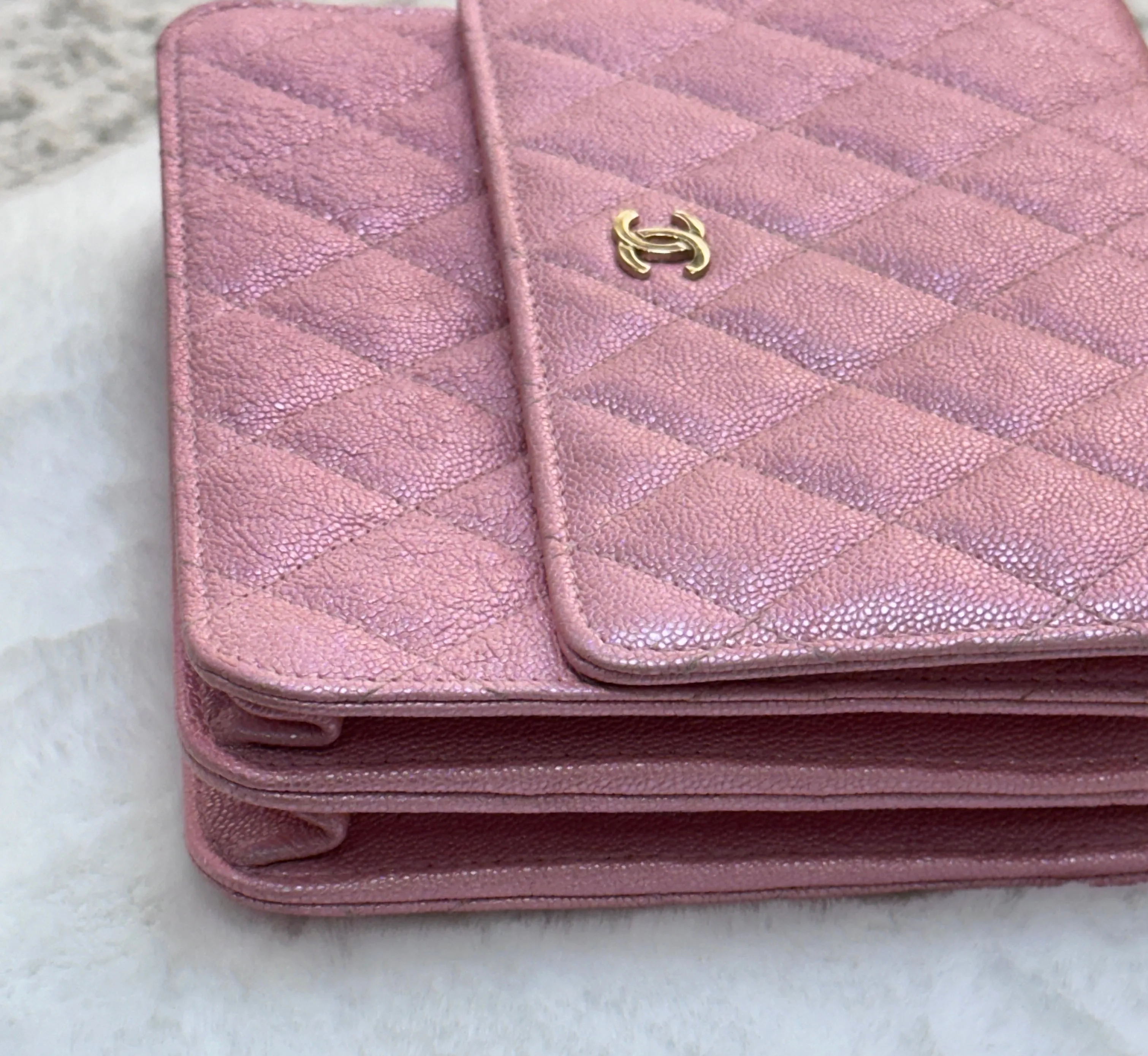 Chanel Square Wallet on Chain WOC Iridescent Pink Caviar Light Gold Hardware