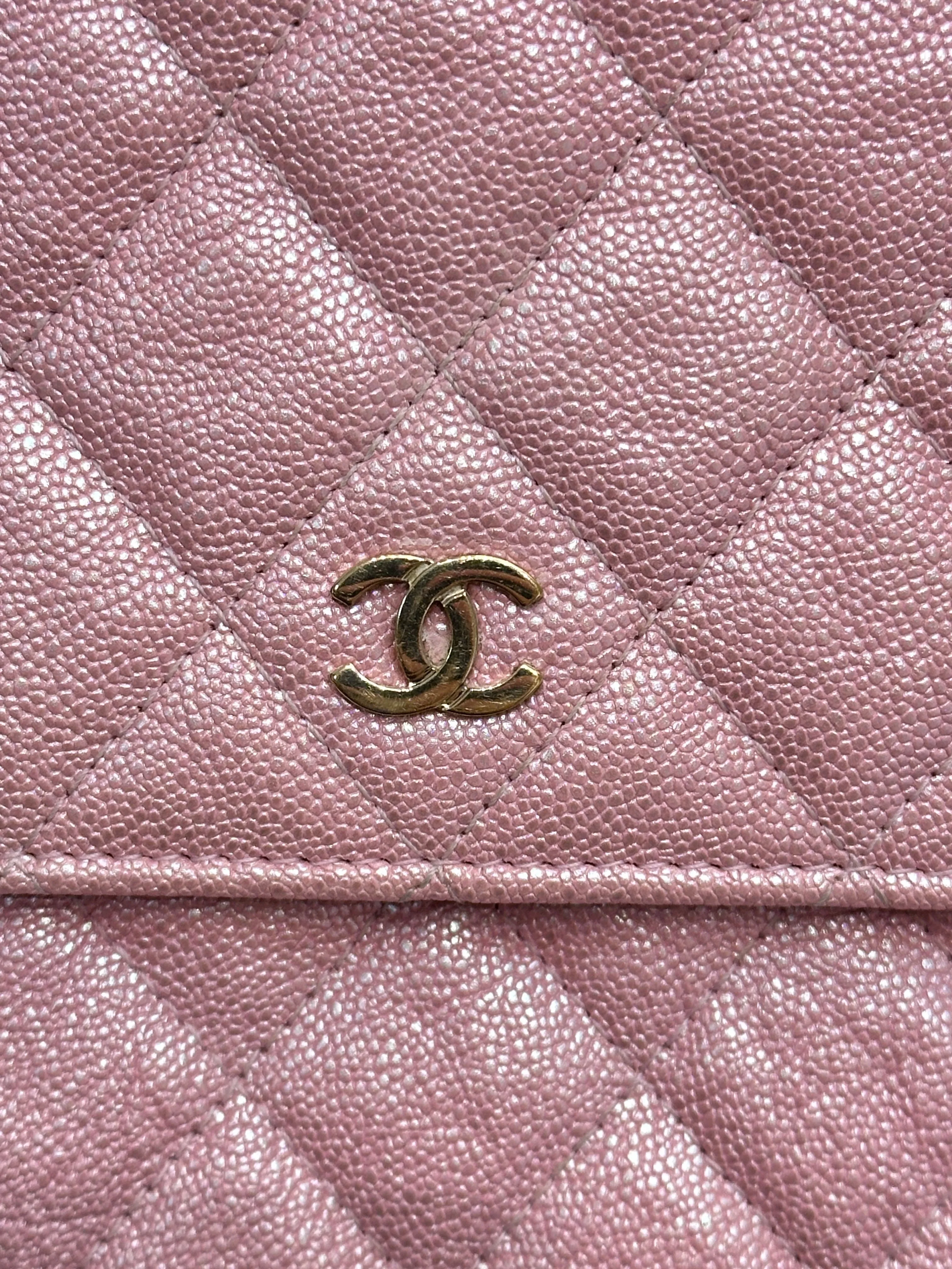 Chanel Square Wallet on Chain WOC Iridescent Pink Caviar Light Gold Hardware