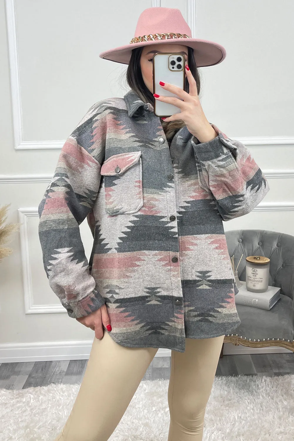 Cleo Grey and Pink Abstract Print Knitted Oversized Shacket