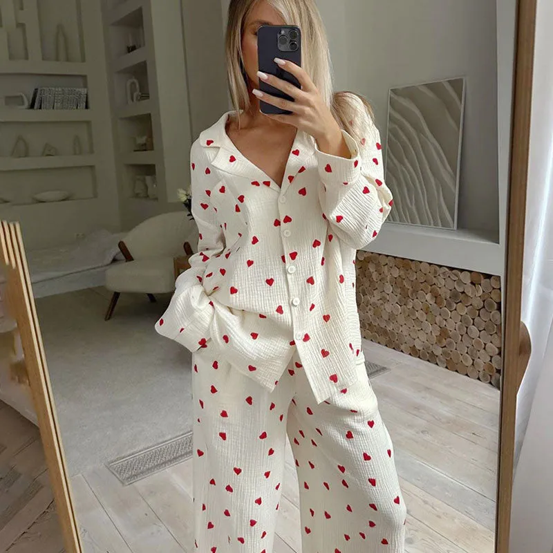 Cozy Textured Heart Print Long Sleeve Collar Cotton Gauze Lounge Set