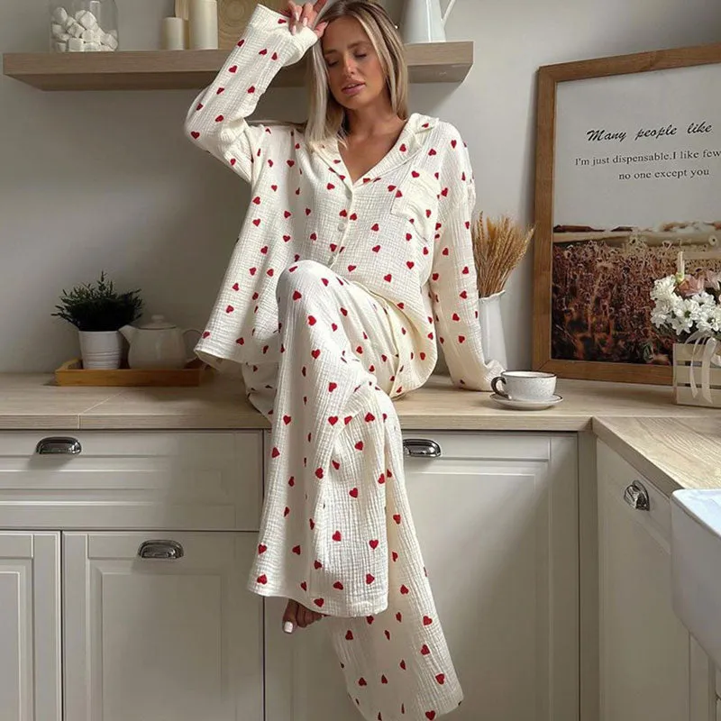 Cozy Textured Heart Print Long Sleeve Collar Cotton Gauze Lounge Set