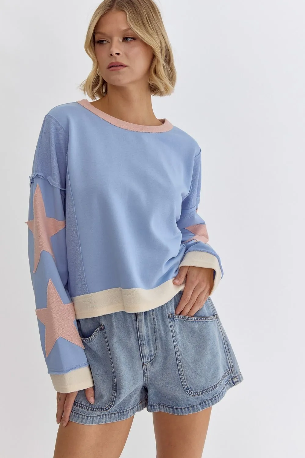 Cropped Round Neck Long Sleeve Star Patchwork Top