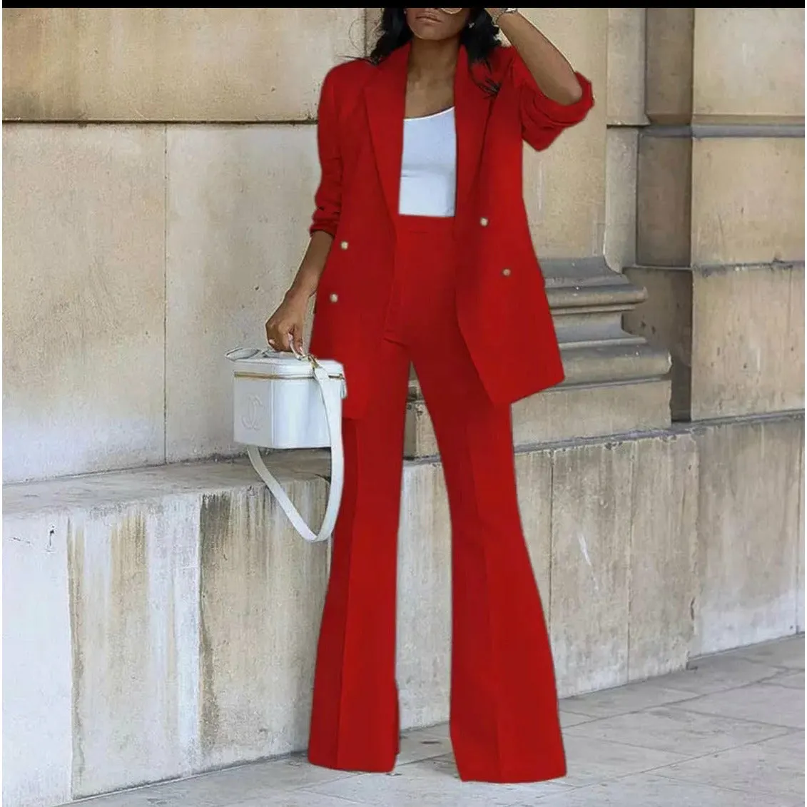 Double Breasted Blazers and Straight Flare Pants Suit