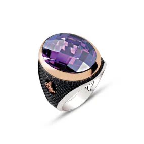 Facet Cut Amethyst Stone Ellipse Silver Men’s Ring Siding Zircons and Black Diamond Pattern and Ottoman Tughra