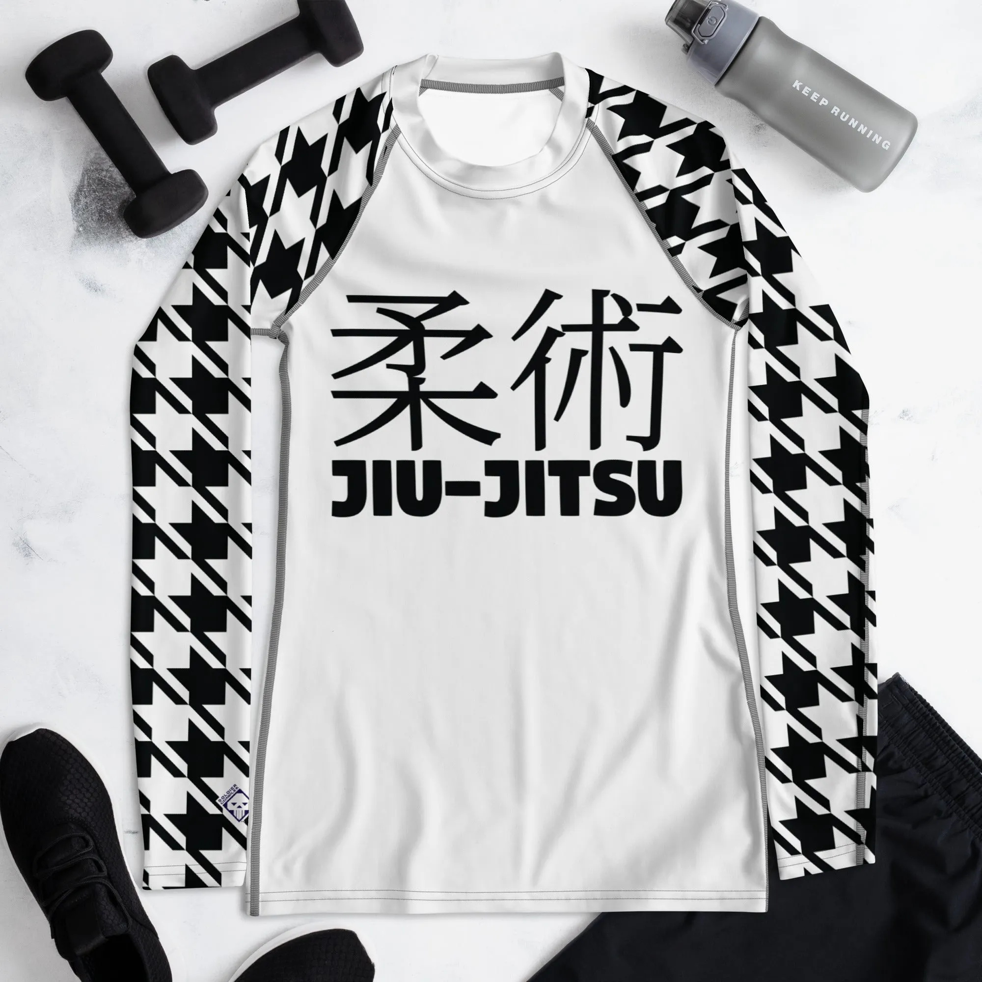 Fashion Meets Function: Women's Classic Jiu-Jitsu Houndstooth BJJ Rash Guard Blanc