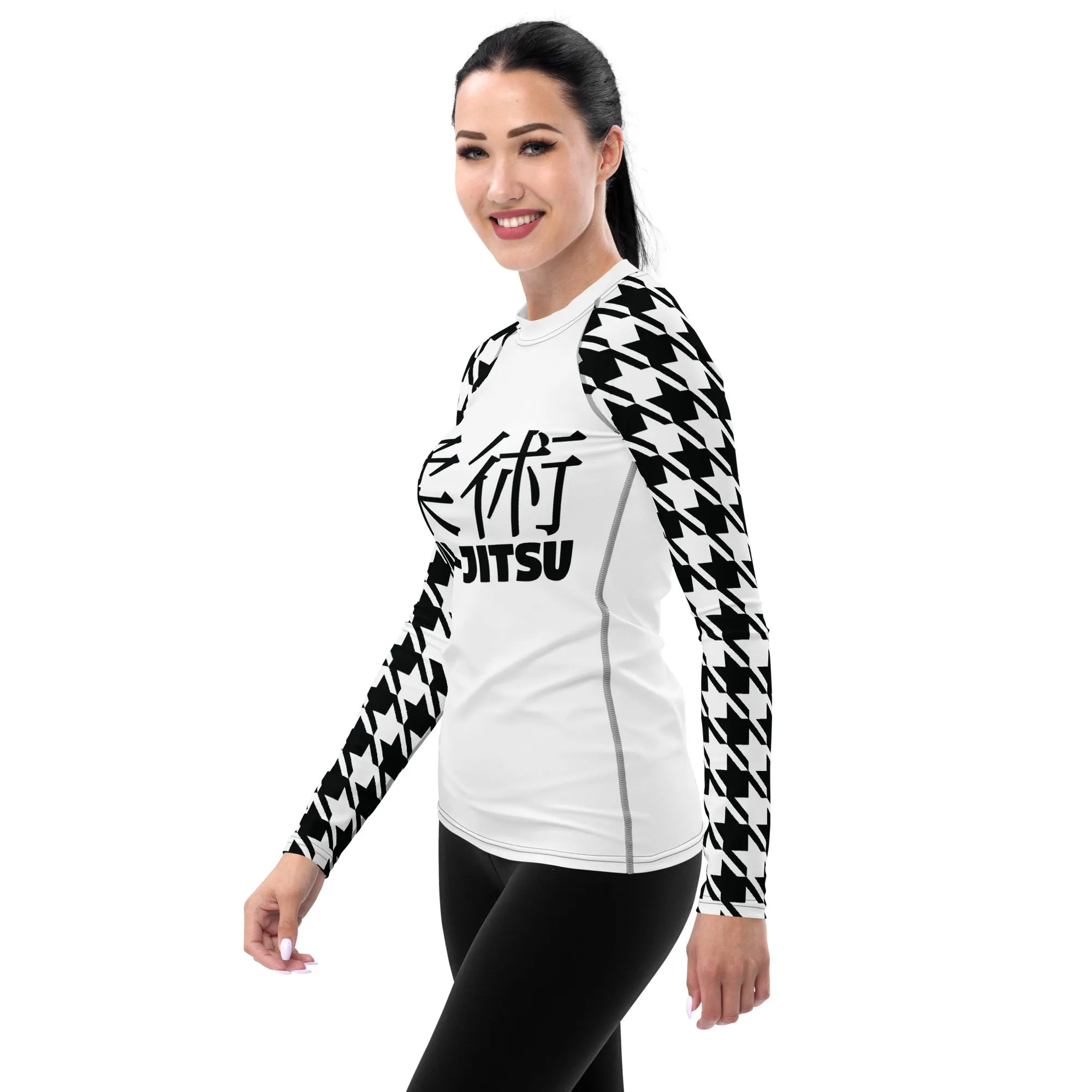 Fashion Meets Function: Women's Classic Jiu-Jitsu Houndstooth BJJ Rash Guard Blanc