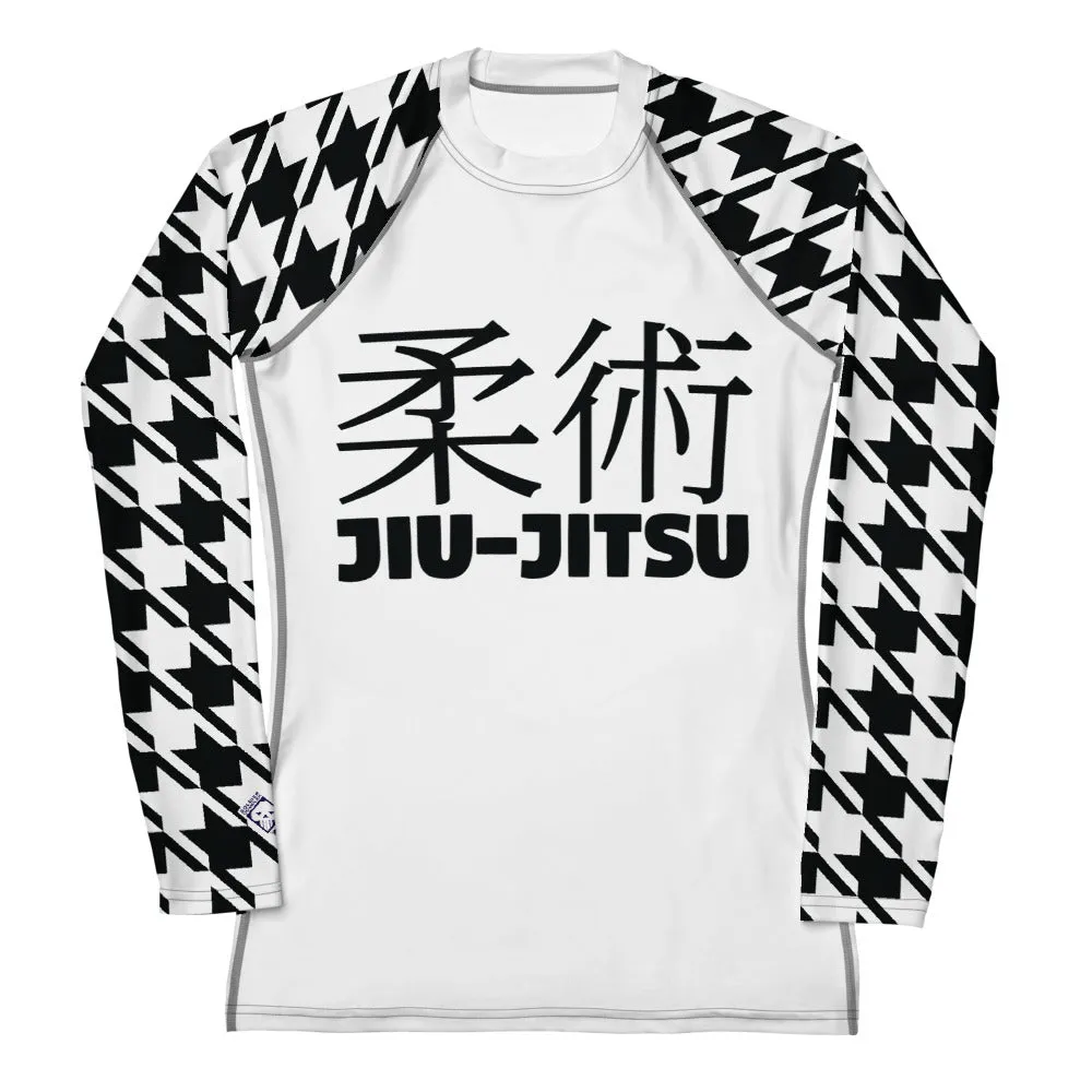 Fashion Meets Function: Women's Classic Jiu-Jitsu Houndstooth BJJ Rash Guard Blanc