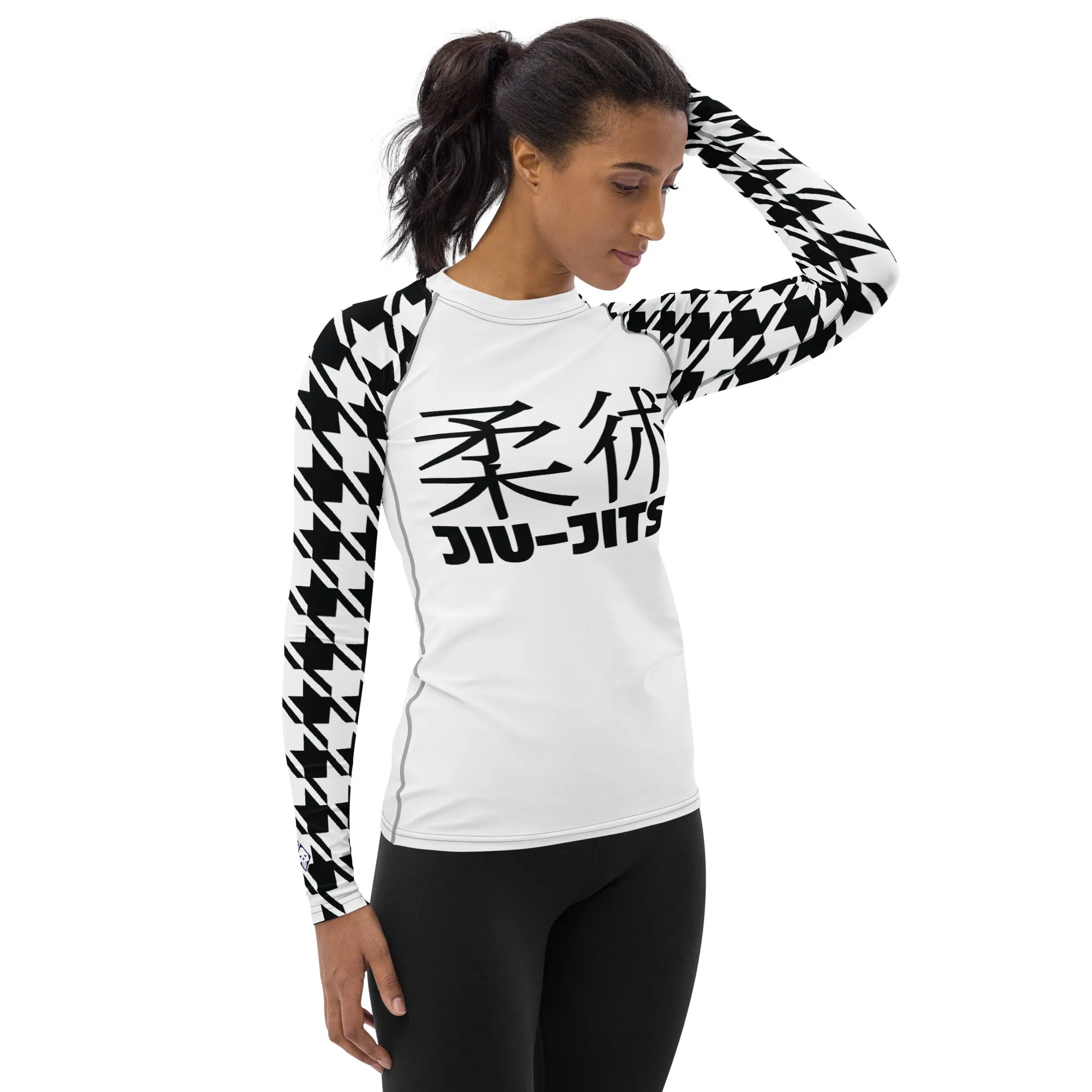 Fashion Meets Function: Women's Classic Jiu-Jitsu Houndstooth BJJ Rash Guard Blanc