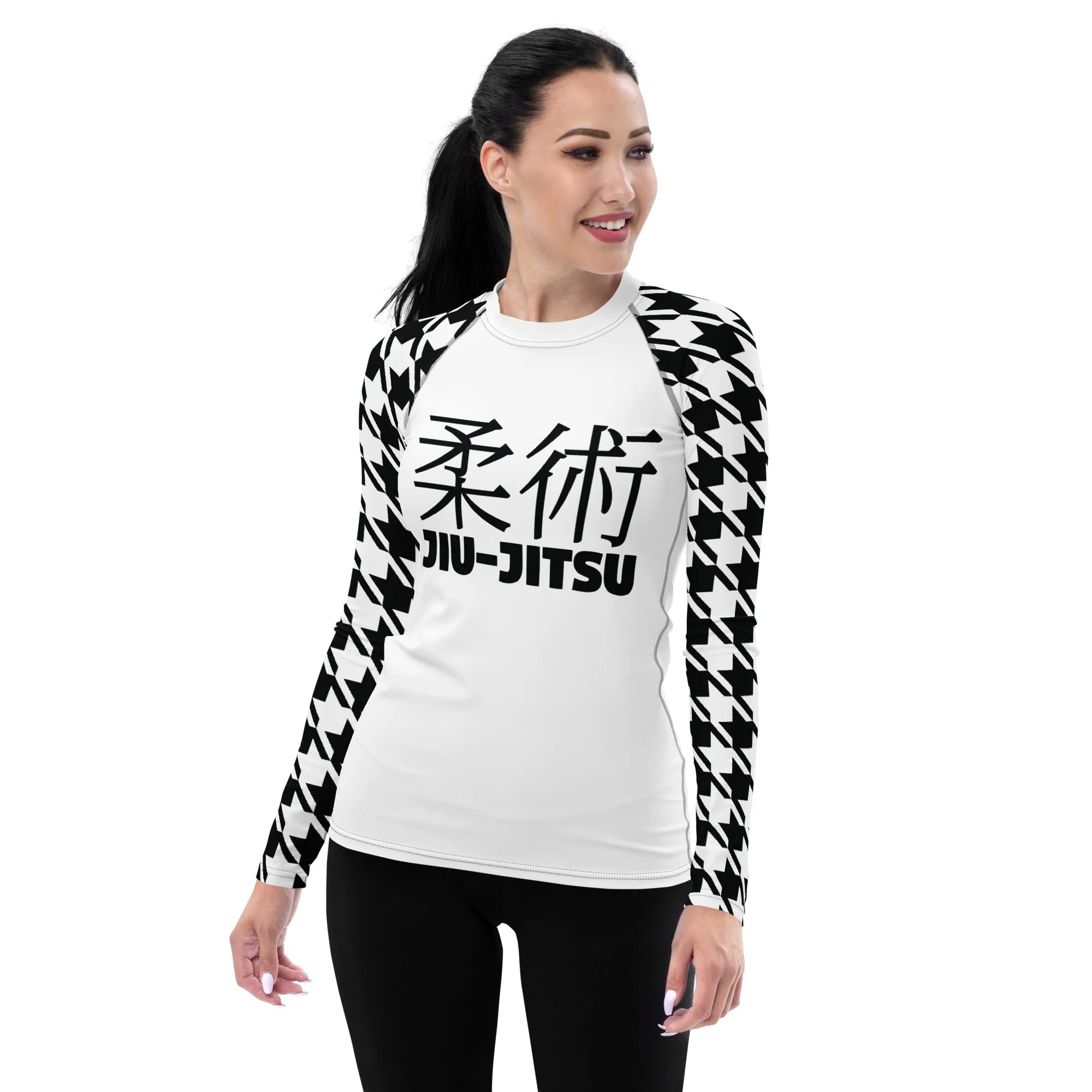 Fashion Meets Function: Women's Classic Jiu-Jitsu Houndstooth BJJ Rash Guard Blanc