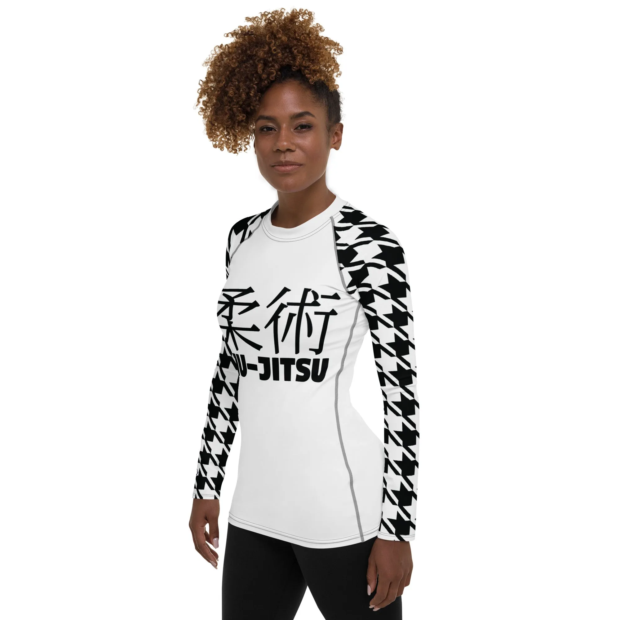 Fashion Meets Function: Women's Classic Jiu-Jitsu Houndstooth BJJ Rash Guard Blanc