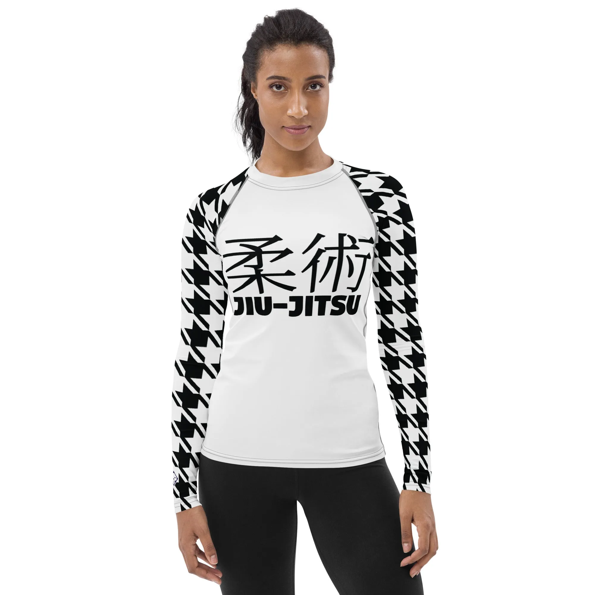 Fashion Meets Function: Women's Classic Jiu-Jitsu Houndstooth BJJ Rash Guard Blanc