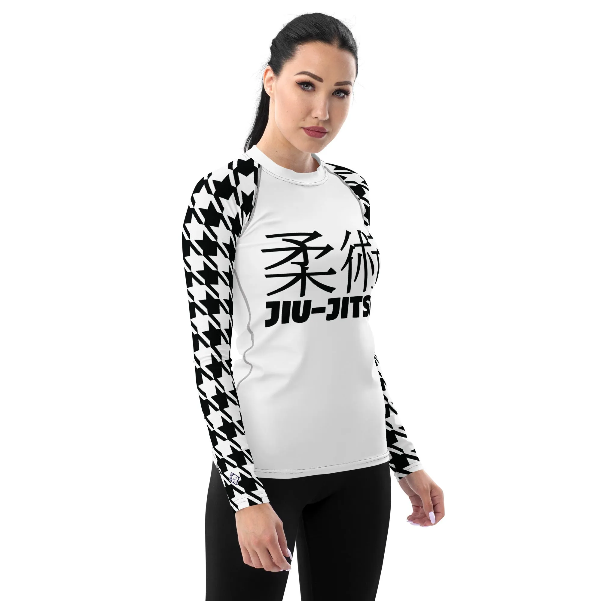 Fashion Meets Function: Women's Classic Jiu-Jitsu Houndstooth BJJ Rash Guard Blanc