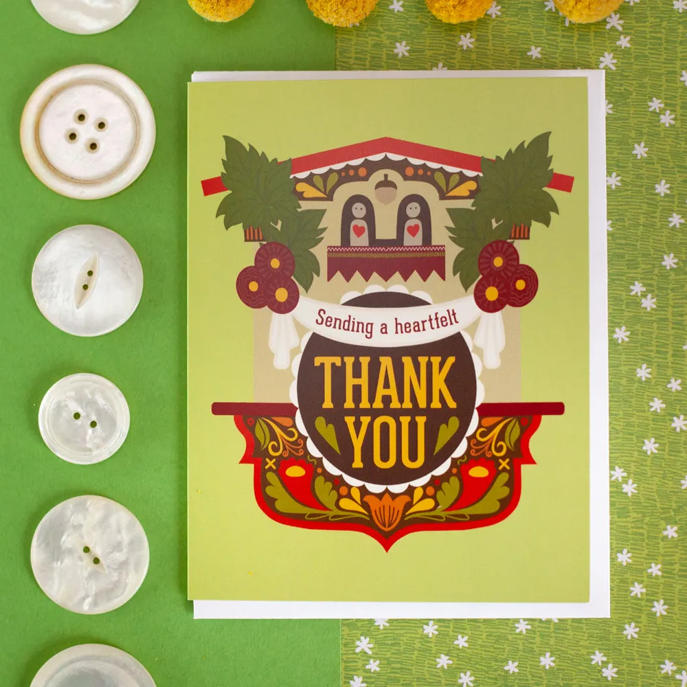 folk art thank you card, German cuckoo clock thank you card, retro thank you card