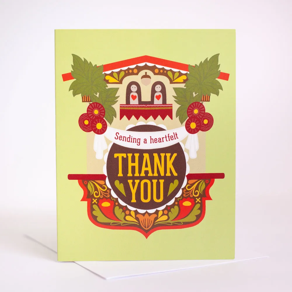 folk art thank you card, German cuckoo clock thank you card, retro thank you card