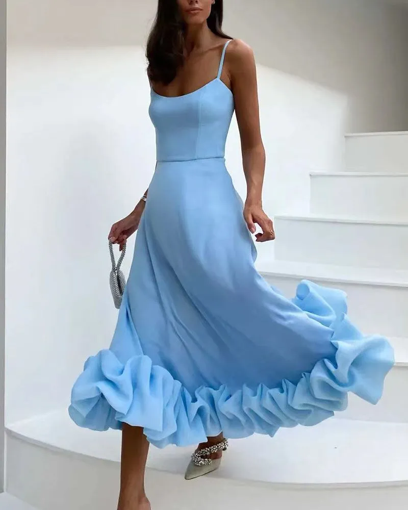 Formal Puff Hem Flowy Midi Dress For Graduation Guest Evening