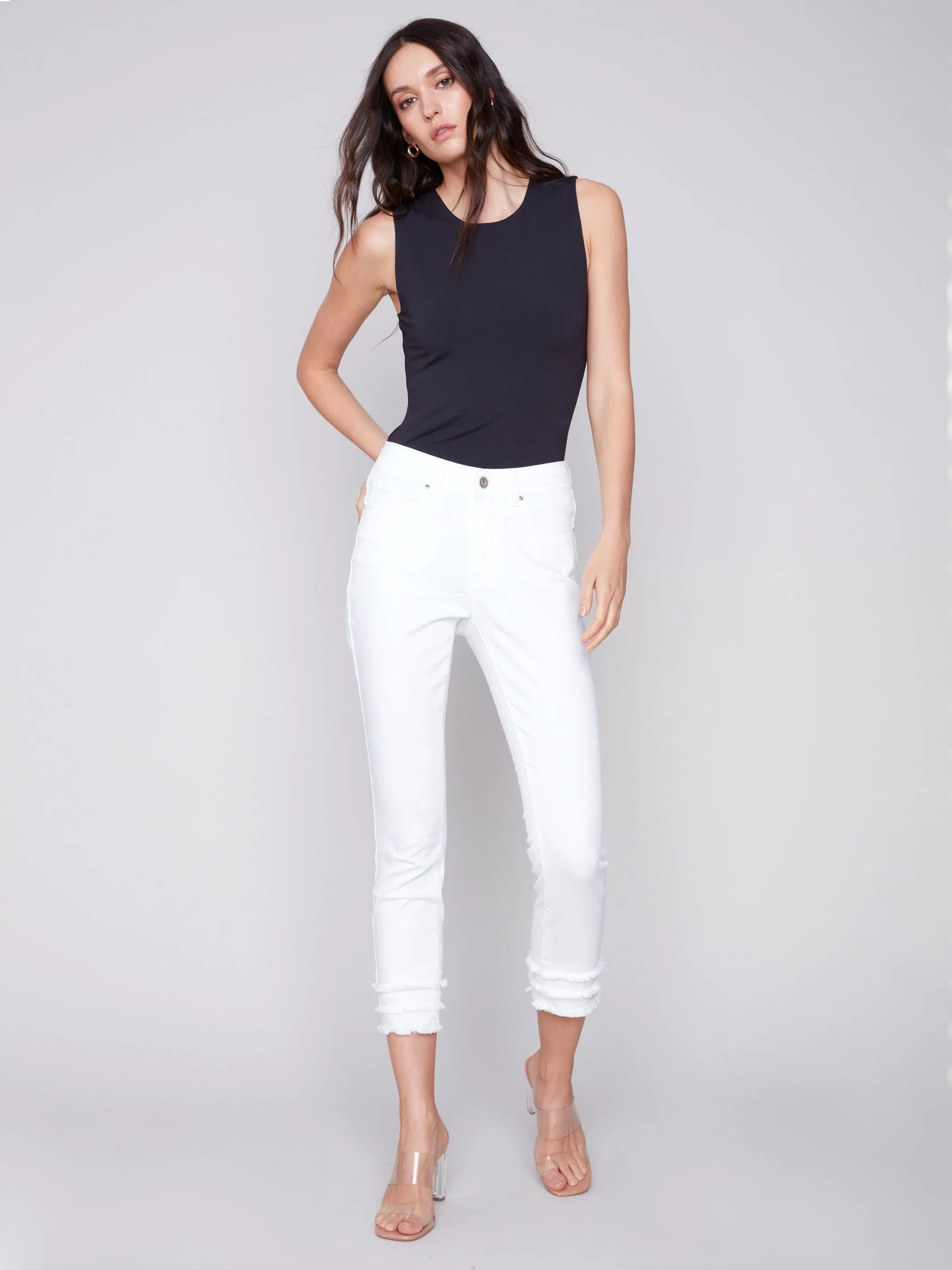 Frayed Hem Cropped Twill Pants - White