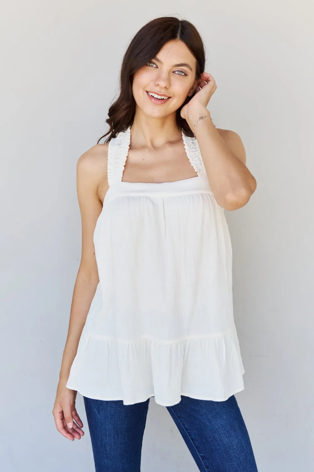 Good Attitude Back Tie Detail Ruffle Tunic Top in Ivory