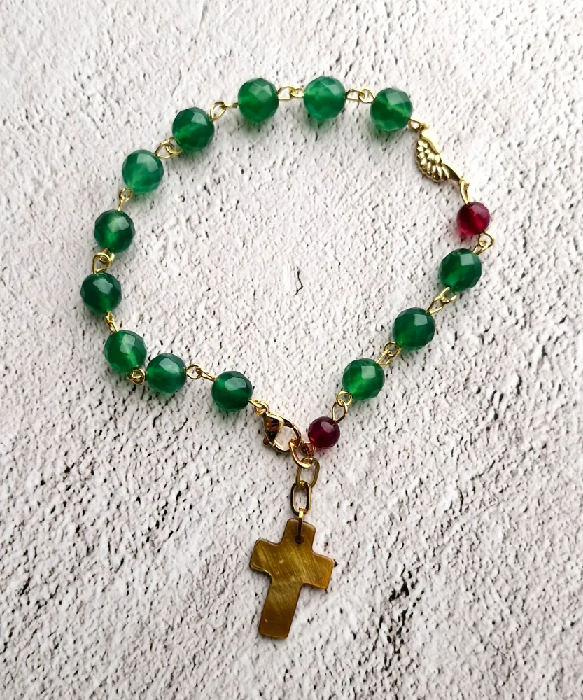 Green and Red Agate with Tiger's Eye Cross Gemstone Rosary Bracelet