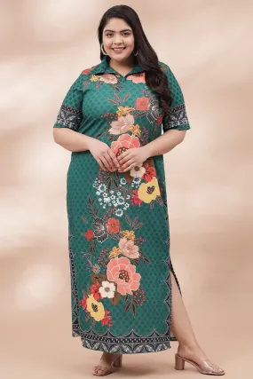 Green Floral Print Long Dress With Side Slit