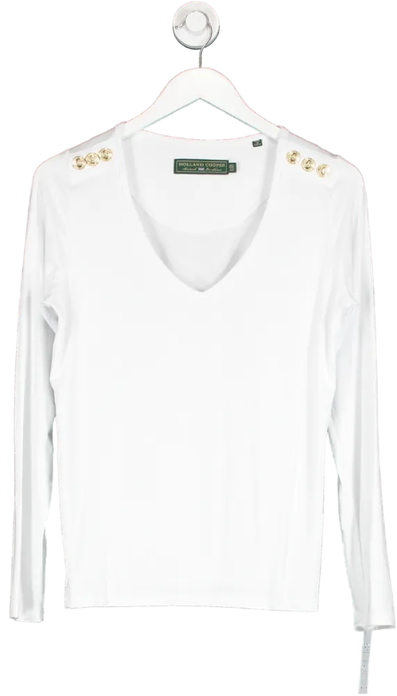 Holland Cooper Long Sleeve V-neck Tee White UK XS