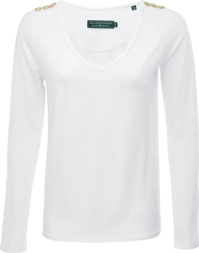 Holland Cooper Long Sleeve V-neck Tee White UK XS