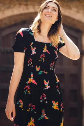 Jolene Midi Shirred Dress - Black, Tropical Parrots