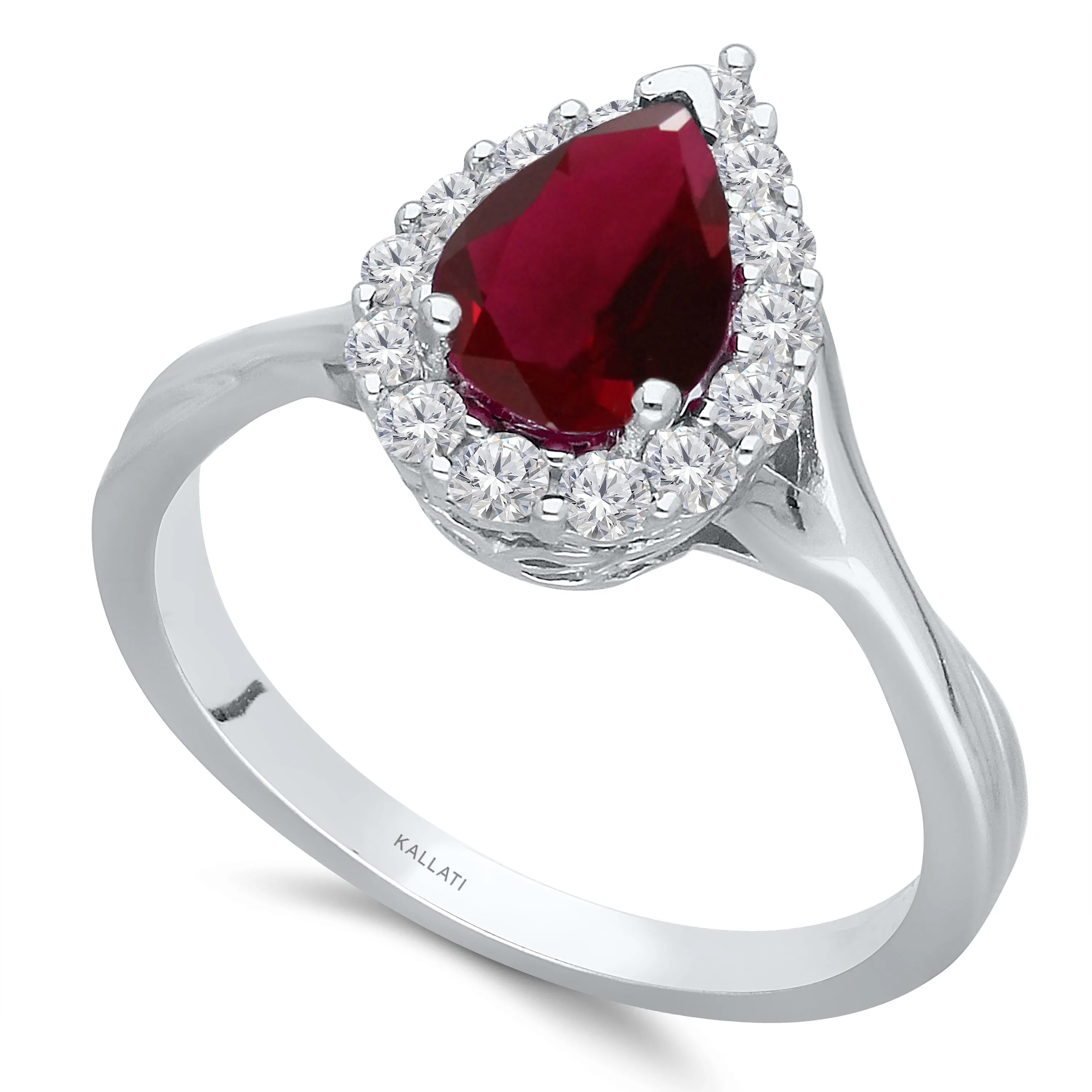 Kallati Heirloom Pear Shaped Ruby & Diamond Ring in 14K White Gold