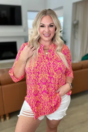 Lizzy Top in Hot Pink and Tangerine Damask - 4/19