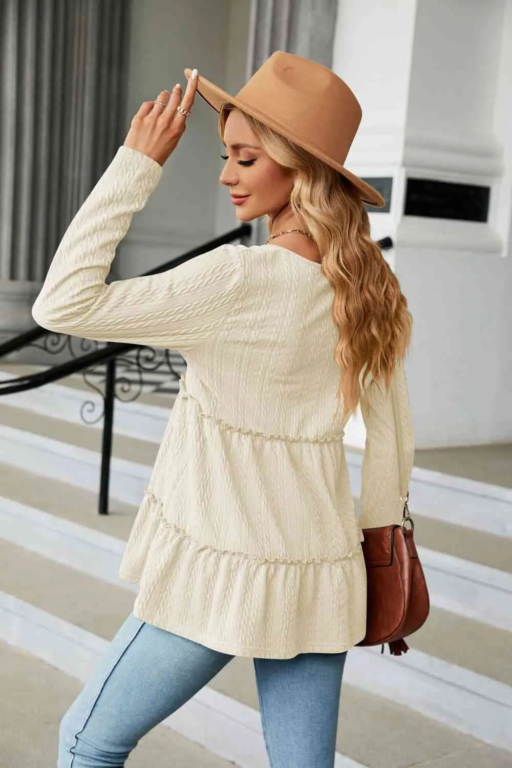 Long Sleeve V-Neck Cable-Knit Blouse