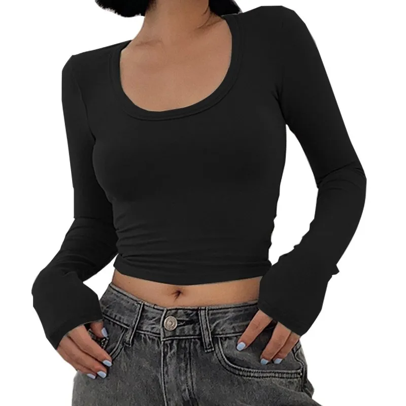 Long Sleeved T-Shirt Women's Short Round Neck T-Shirt