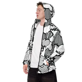 Men's Black and White Graffiti Clouds Zipped Windbreaker Hoodie 001