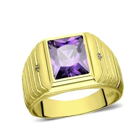 Mens Solid 10K Gold Purple Amethyst Ring 2 Natural Diamonds Fine Ring for Man