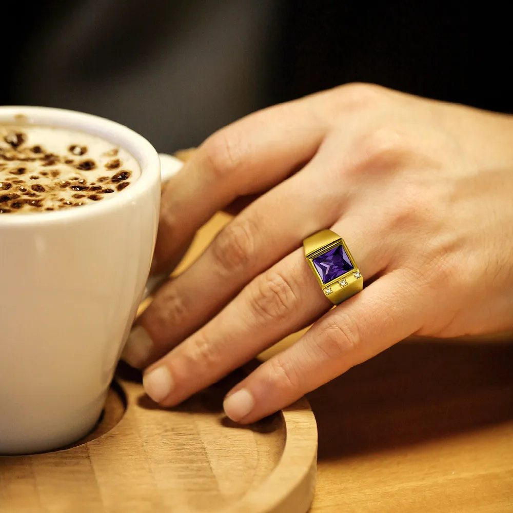 Mens Solid 14K Gold Ring with Purple Amethyst and 3 Natural Diamonds Fine Ring for Men