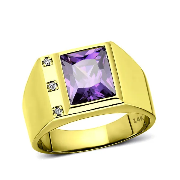 Mens Solid 14K Gold Ring with Purple Amethyst and 3 Natural Diamonds Fine Ring for Men