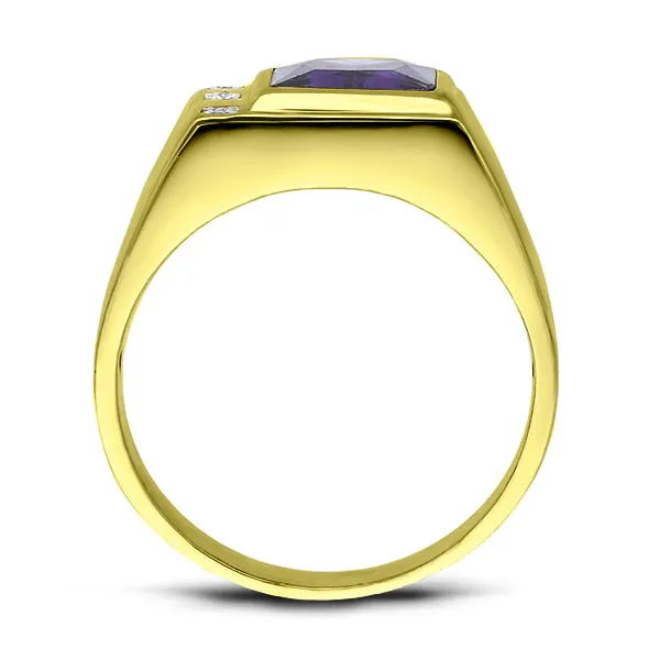 Mens Solid 14K Gold Ring with Purple Amethyst and 3 Natural Diamonds Fine Ring for Men