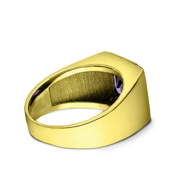 Mens Solid 14K Gold Ring with Purple Amethyst and 3 Natural Diamonds Fine Ring for Men