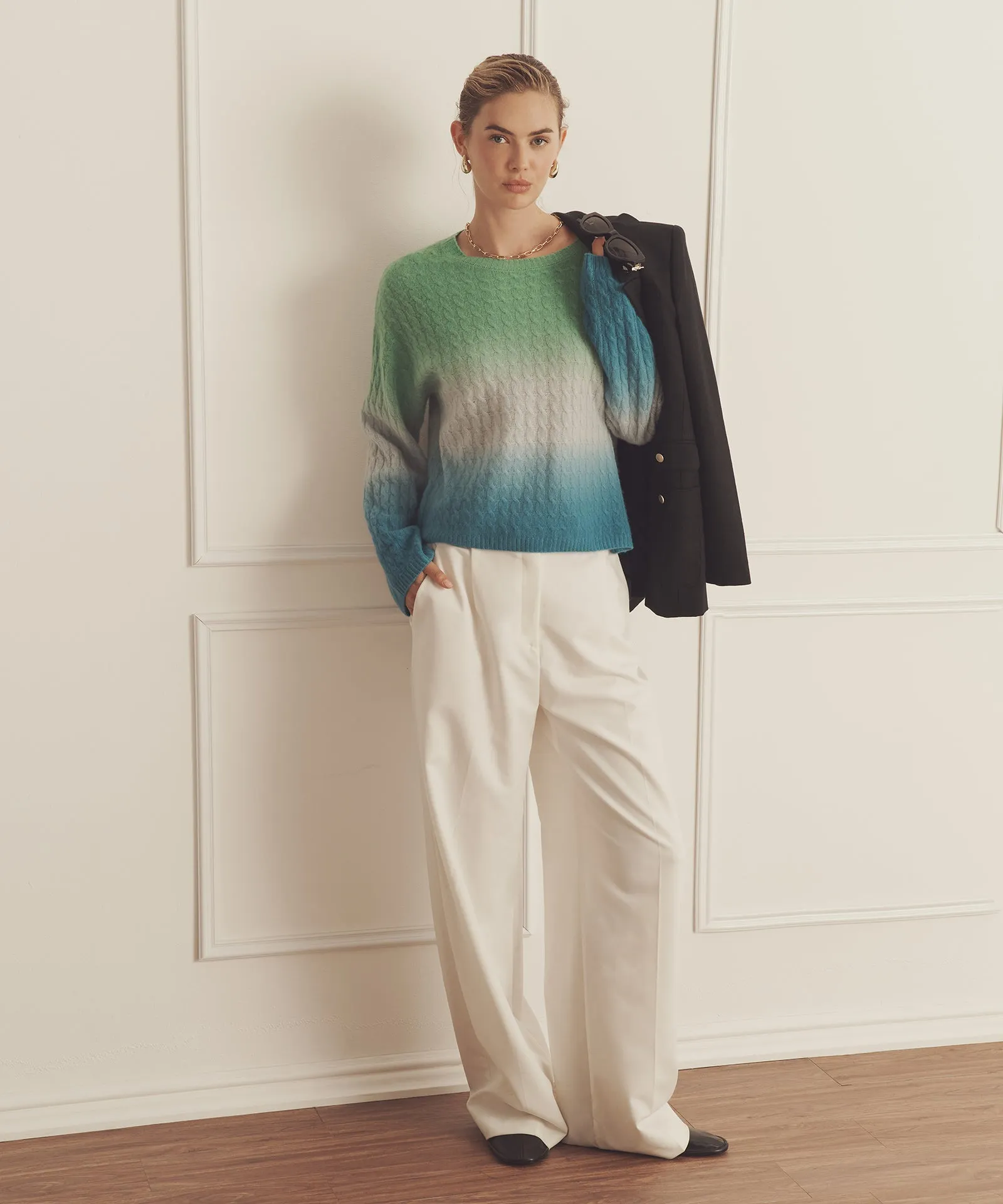 Novelty Cashmere Dip Dye Cable Crew