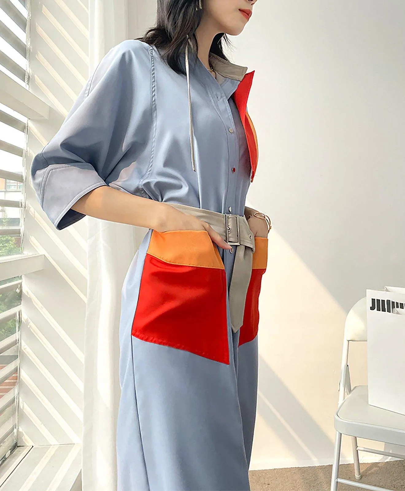 Patchwork Three-Quarter Sleeve Shirtdress