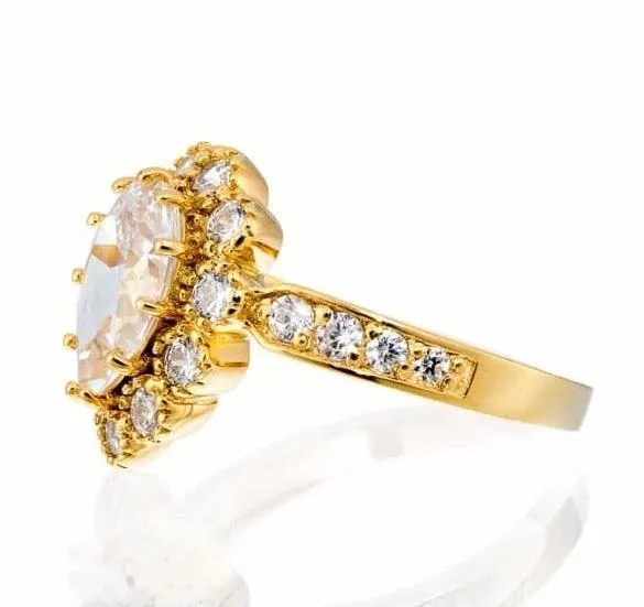 Pear Cut Cubic Zirconia Vintage Halo Engagement Ring In Yellow Gold Plated Sterling Silver