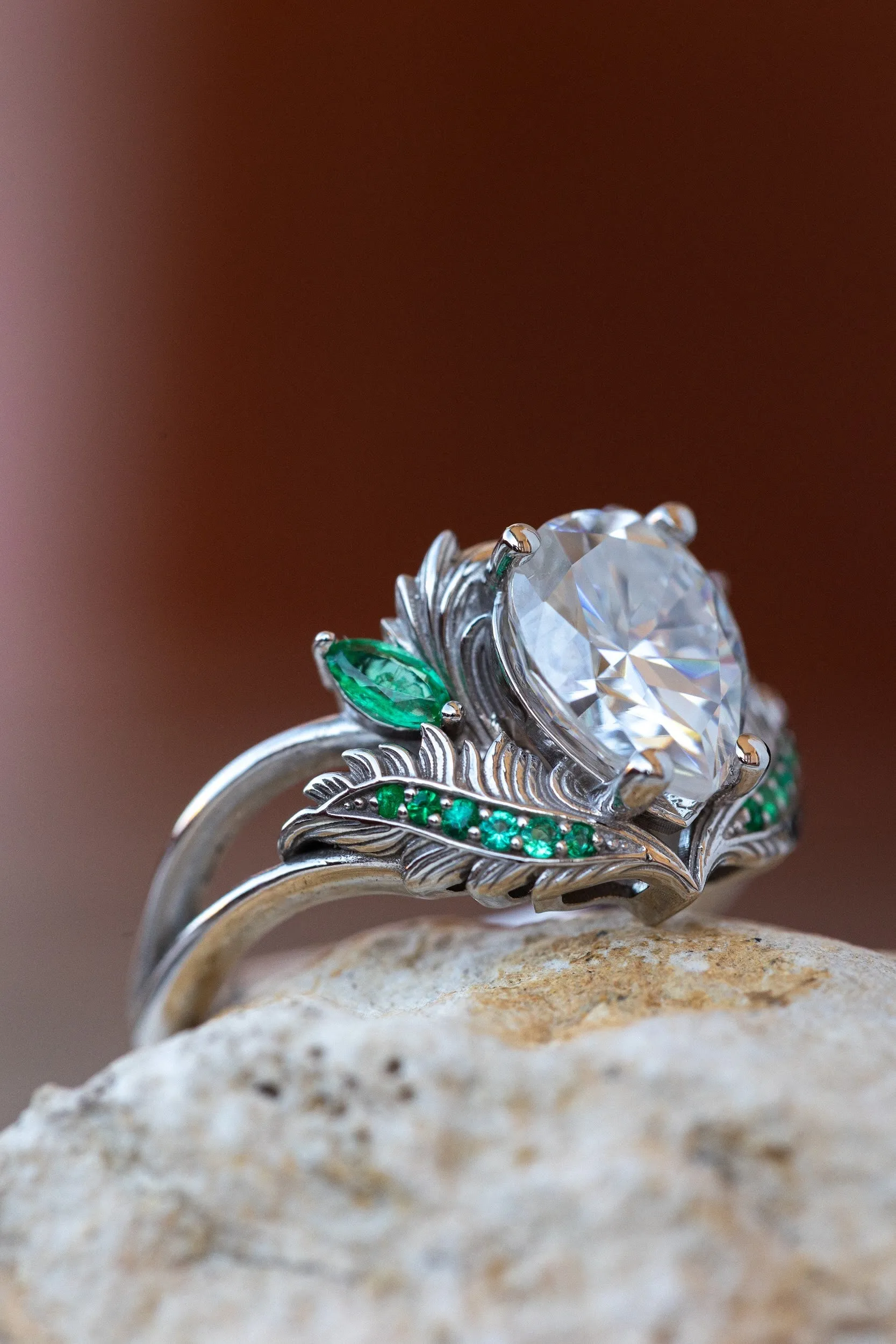 Pear moissanite engagement ring, nature inspired gold ring with accent emeralds / Adonis