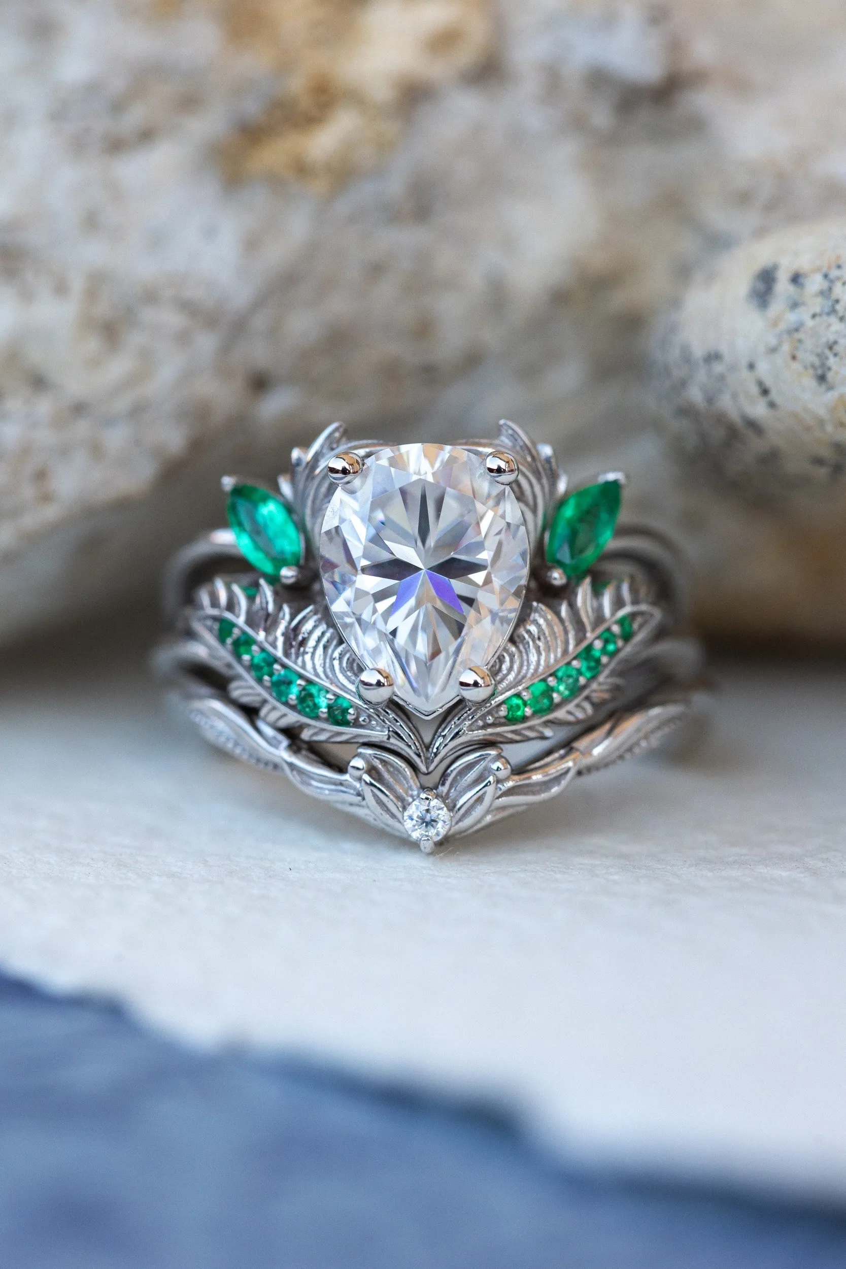 Pear moissanite engagement ring, nature inspired gold ring with accent emeralds / Adonis