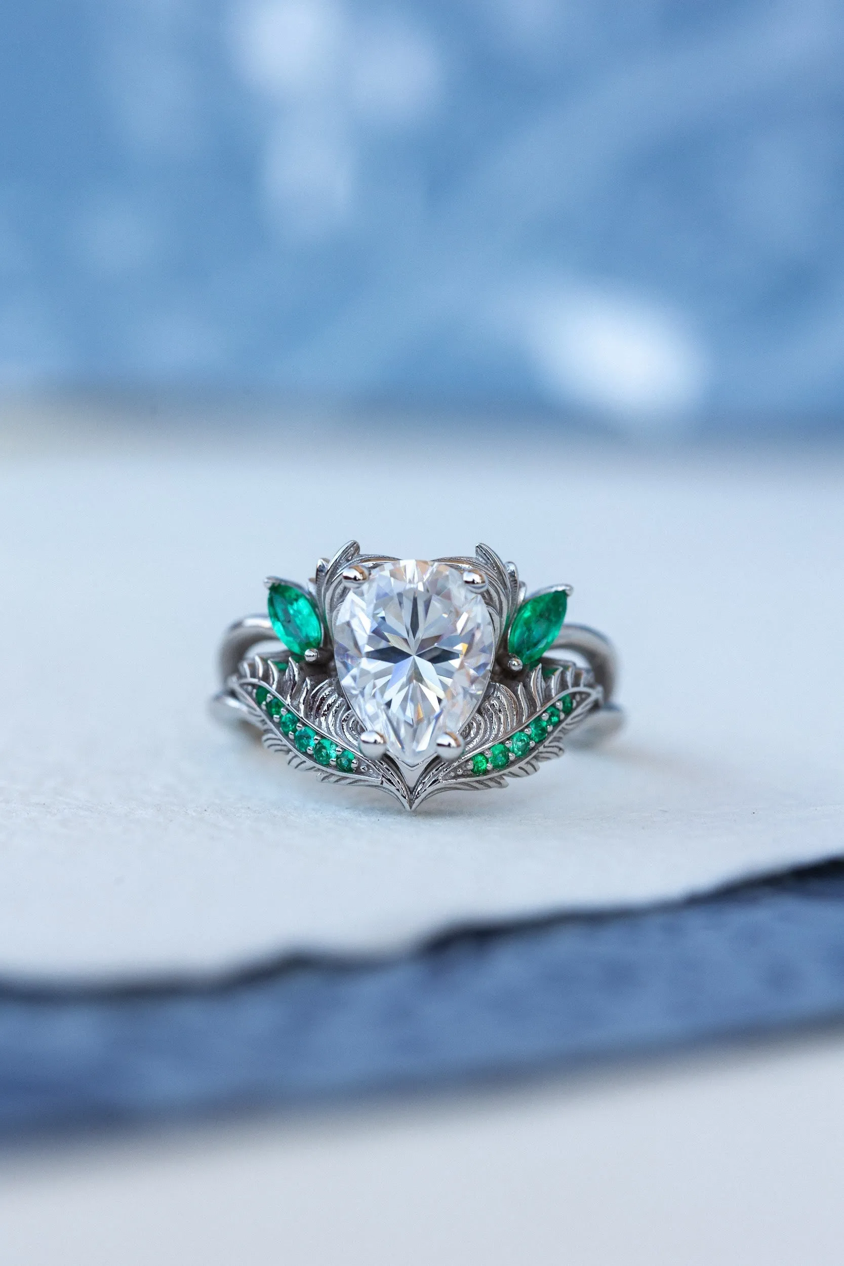 Pear moissanite engagement ring, nature inspired gold ring with accent emeralds / Adonis