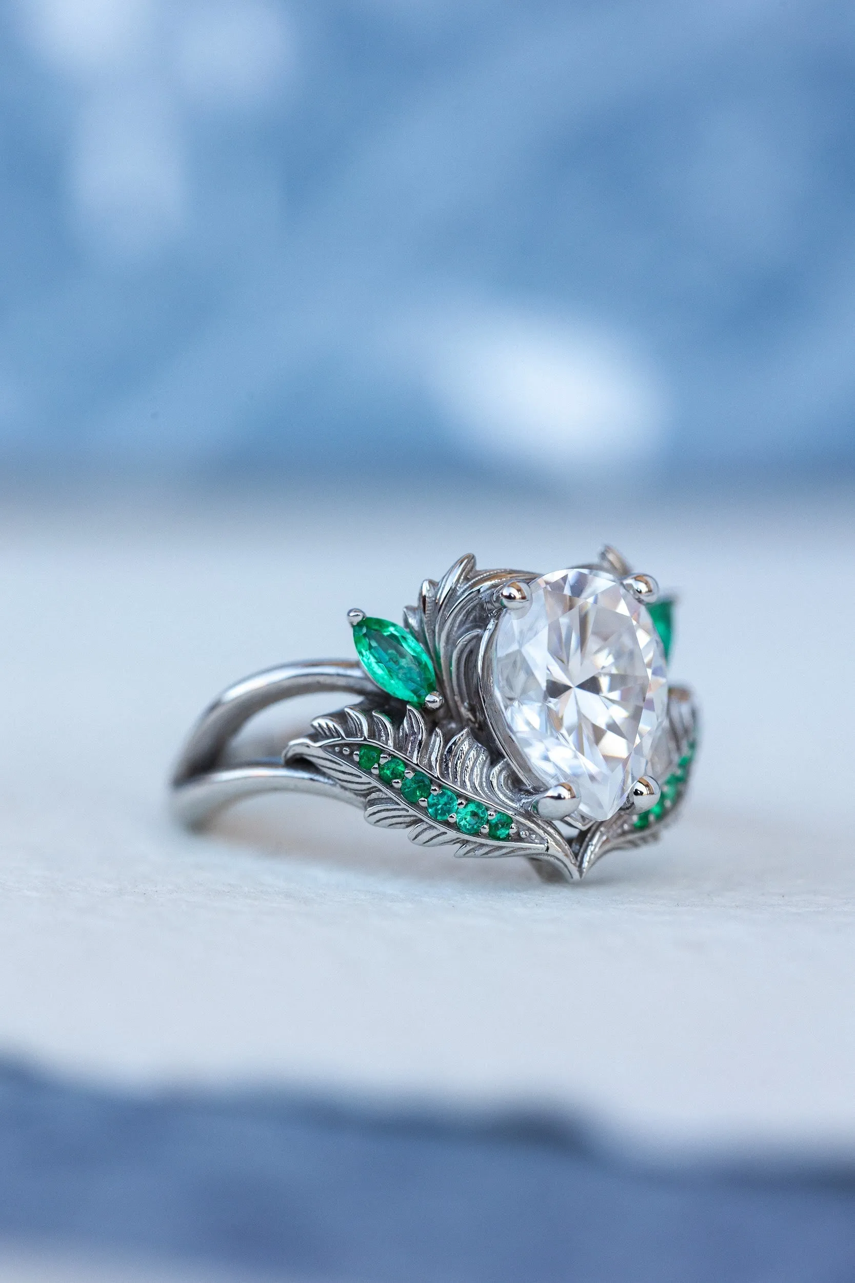 Pear moissanite engagement ring, nature inspired gold ring with accent emeralds / Adonis