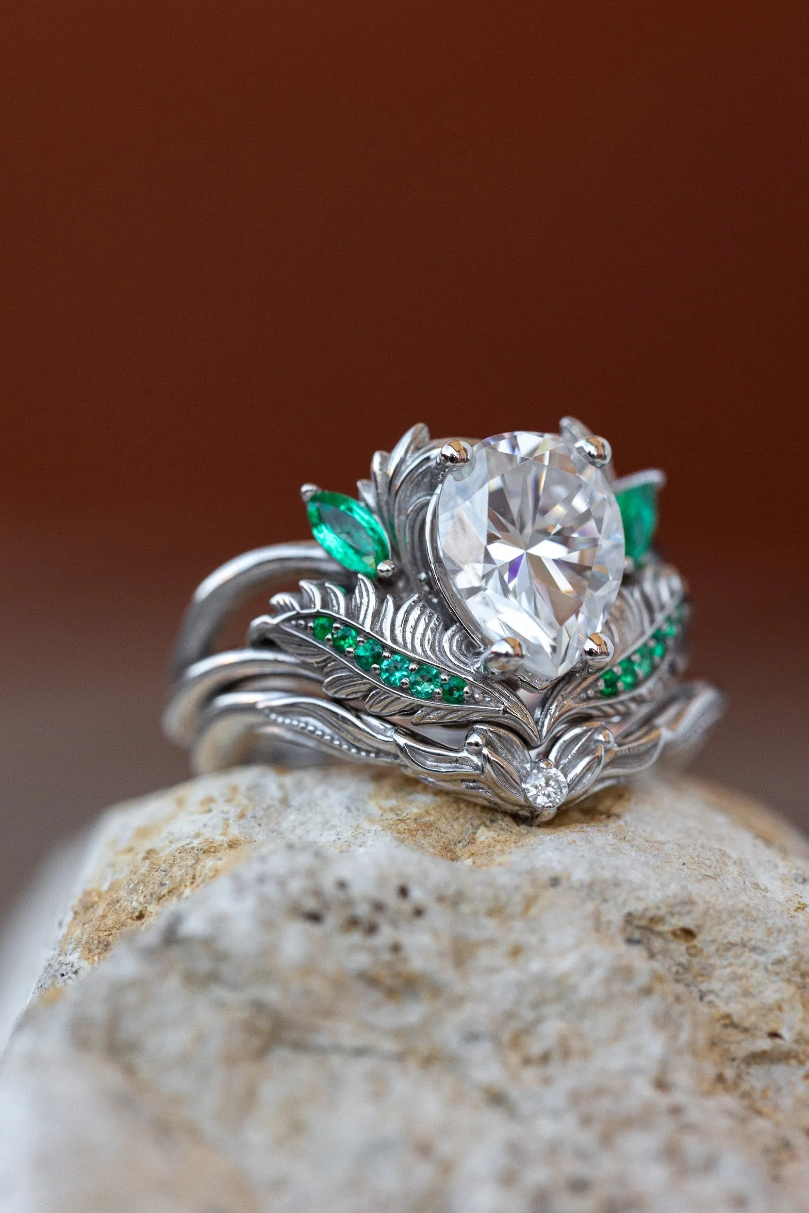 Pear moissanite engagement ring, nature inspired gold ring with accent emeralds / Adonis