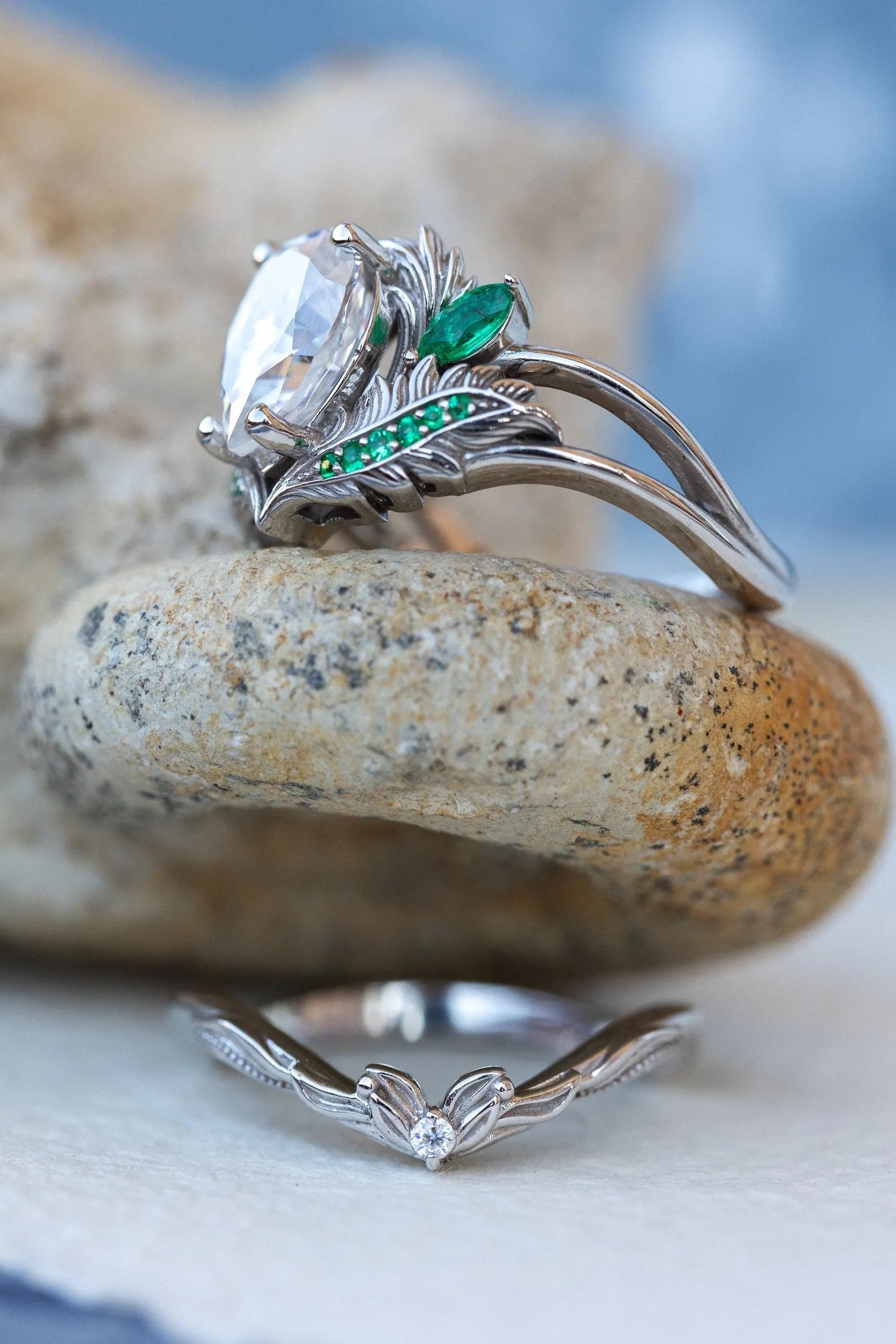 Pear moissanite engagement ring, nature inspired gold ring with accent emeralds / Adonis